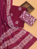 Deep Wine Cotton Dress Material With Batik Prints & Embroidery Work Pattern and Bottom & Dupatta