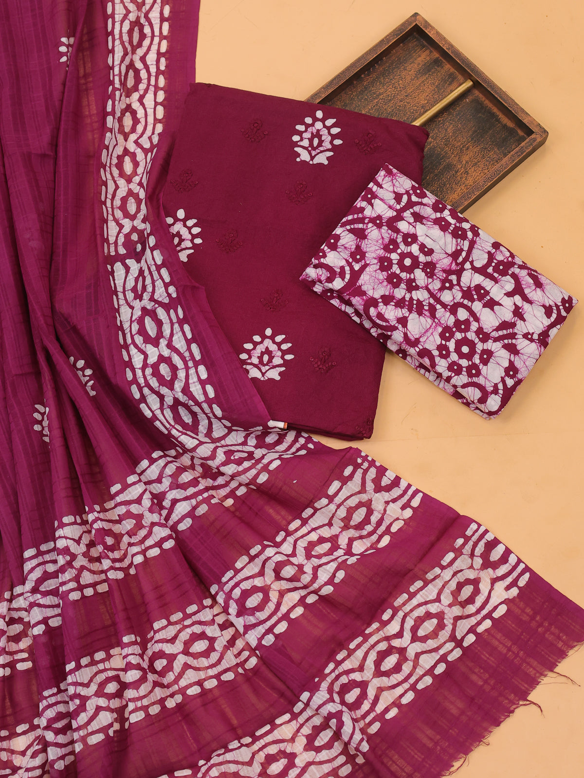 Deep Wine Cotton Dress Material With Batik Prints & Embroidery Work Pattern and Bottom & Dupatta