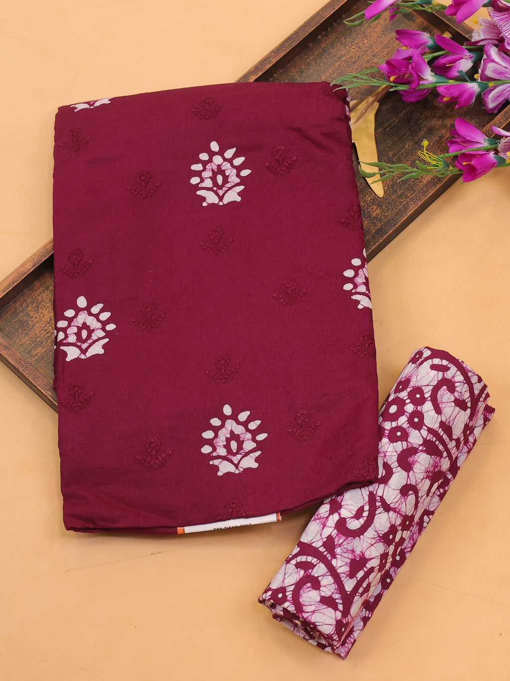Deep Wine Cotton Dress Material With Batik Prints & Embroidery Work Pattern and Bottom & Dupatta
