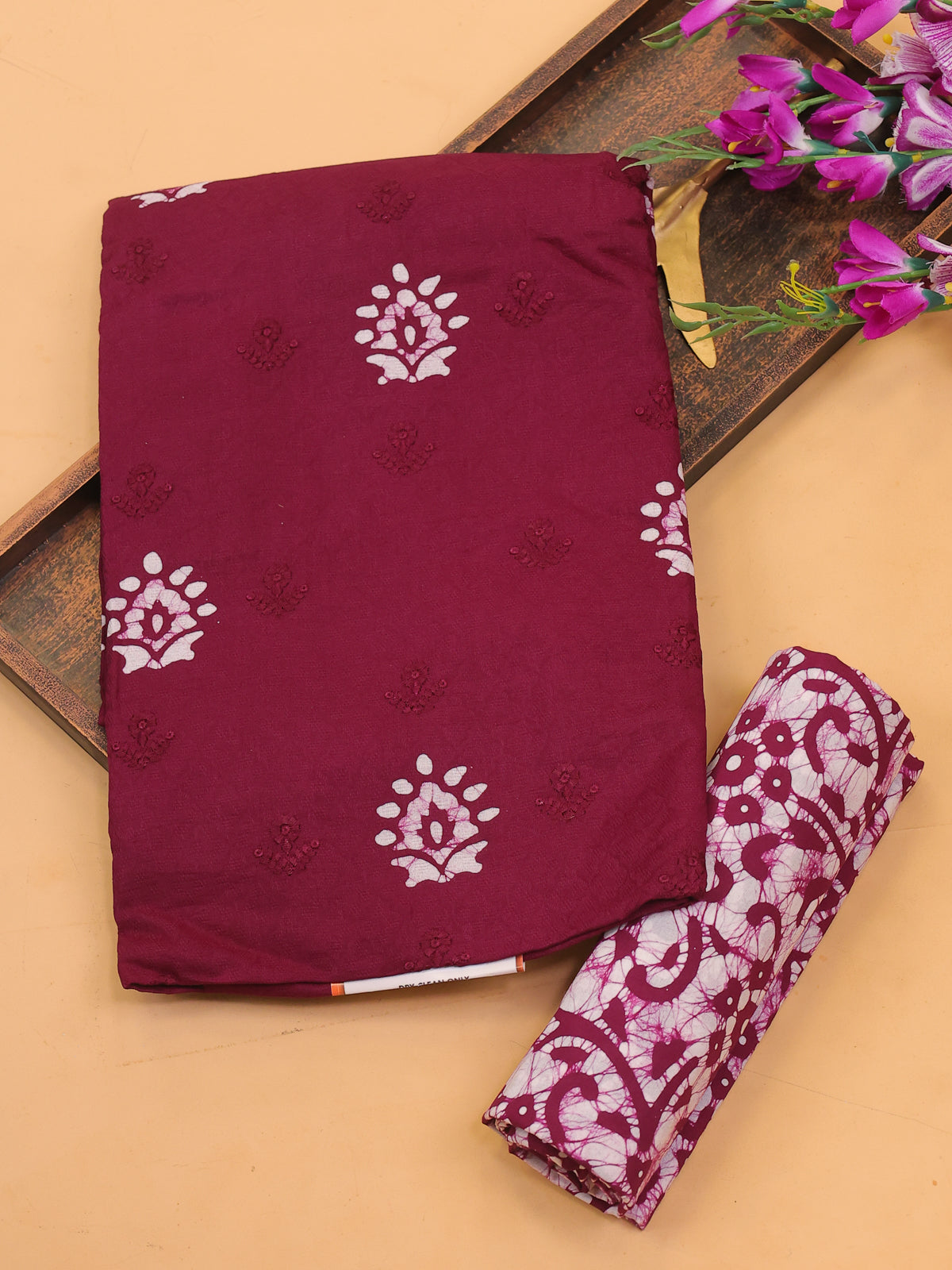 Deep Wine Cotton Dress Material With Batik Prints & Embroidery Work Pattern and Bottom & Dupatta