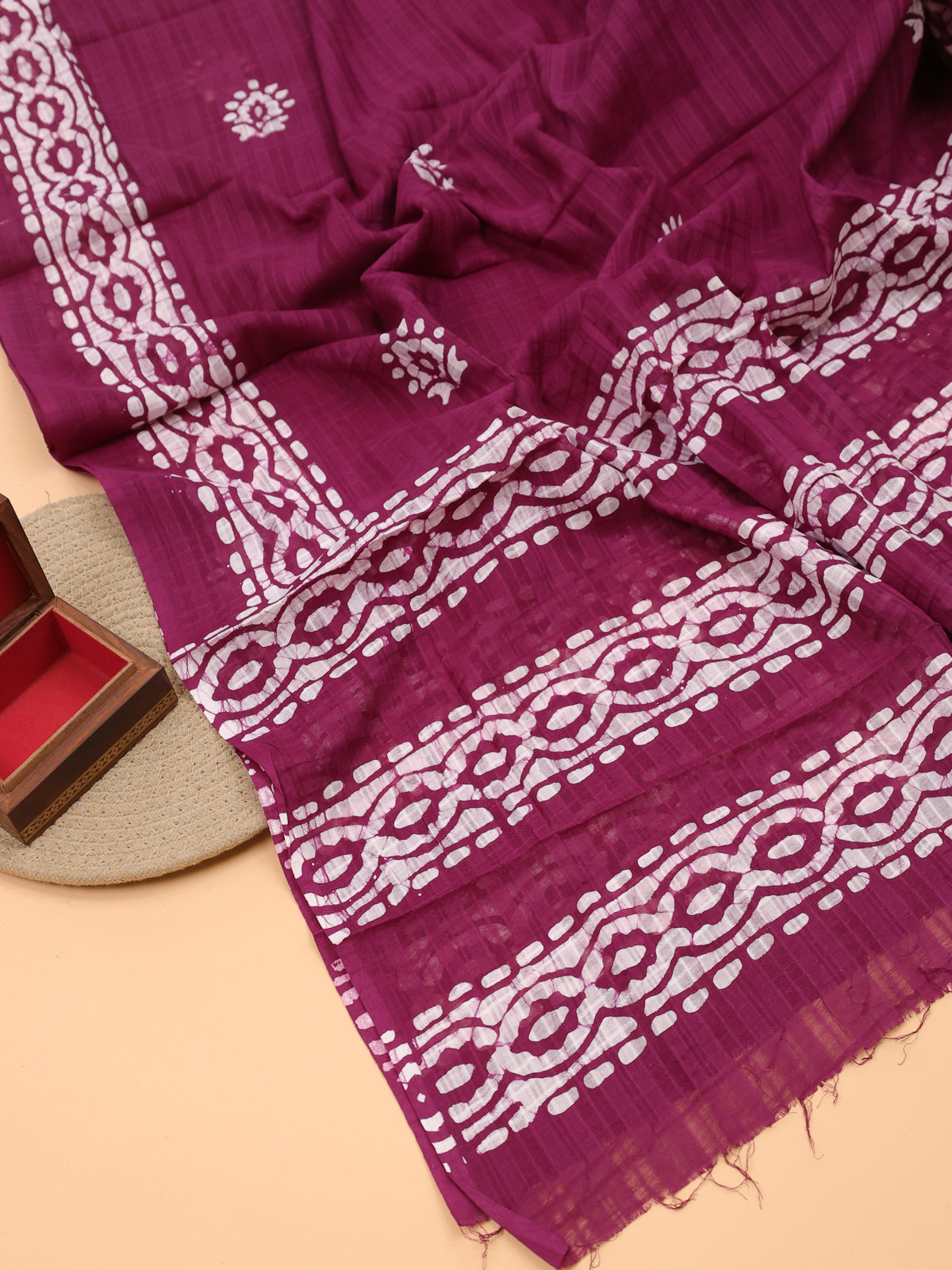 Deep Wine Cotton Dress Material With Batik Prints & Embroidery Work Pattern and Bottom & Dupatta