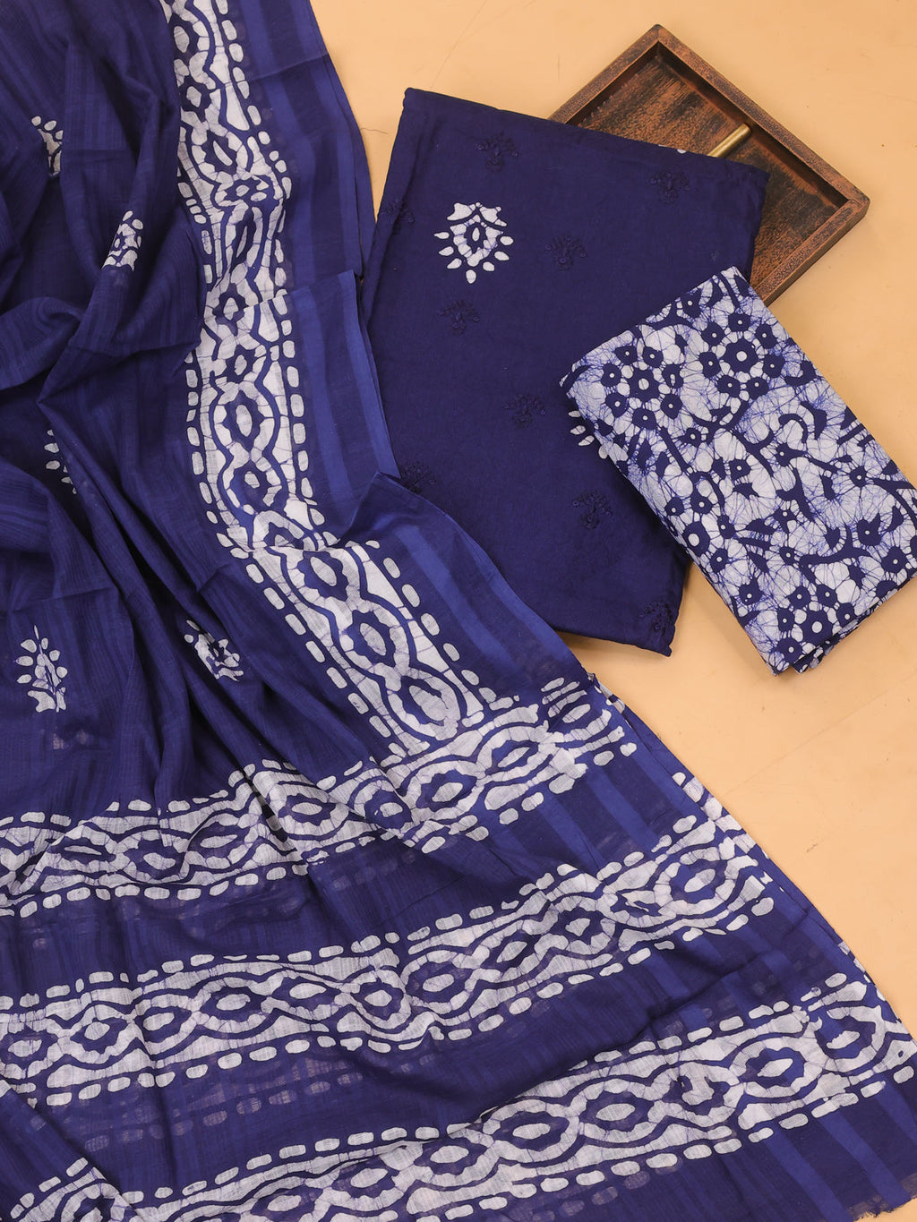 Navy Blue Cotton Dress Material With Batik Prints & Embroidery Work Pattern and Bottom & Dupatta