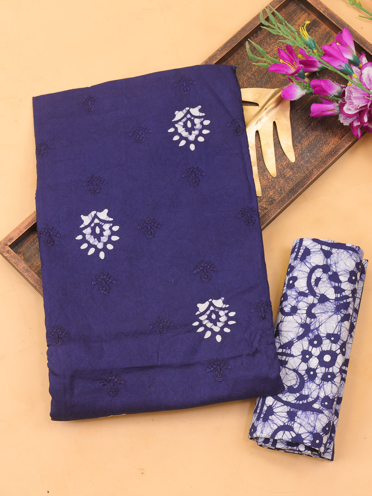 Navy Blue Cotton Dress Material With Batik Prints & Embroidery Work Pattern and Bottom & Dupatta