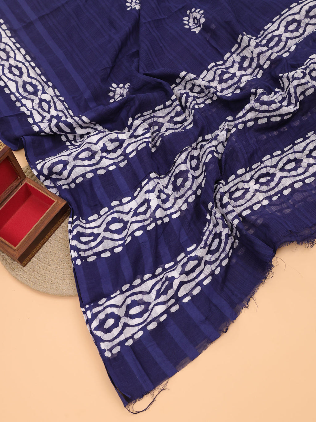 Navy Blue Cotton Dress Material With Batik Prints & Embroidery Work Pattern and Bottom & Dupatta