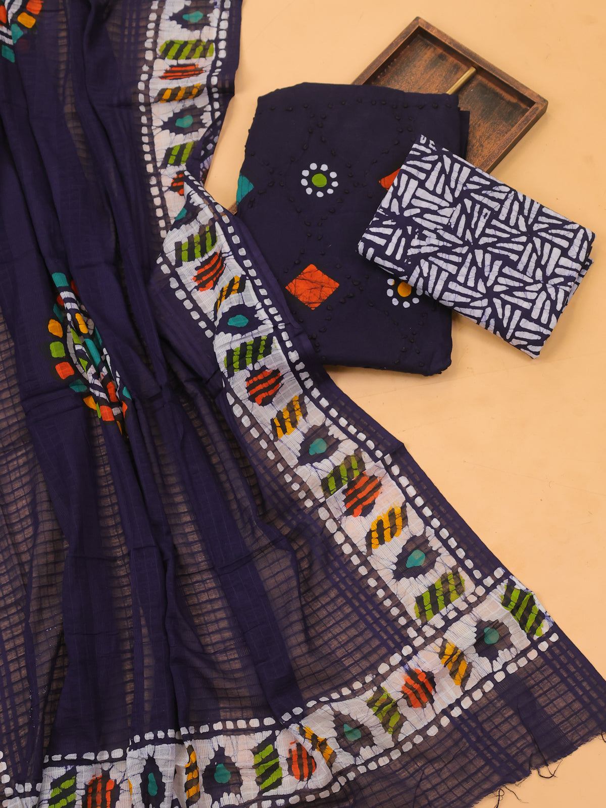Navy Blue Cotton Dress Material With Batik Prints & Embroidery Work Pattern and Bottom & Dupatta