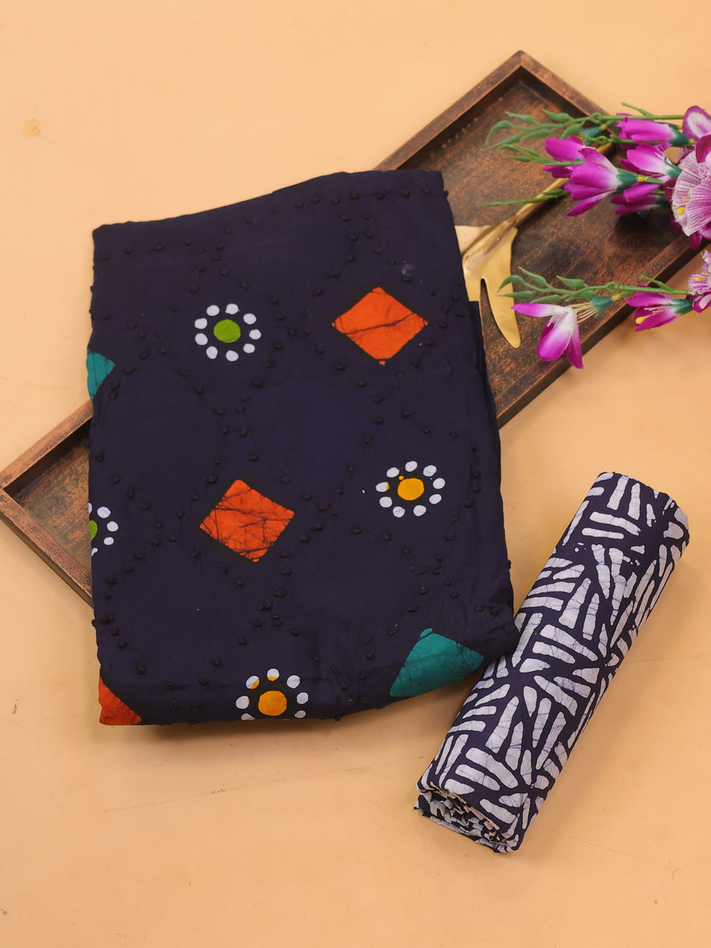 Navy Blue Cotton Dress Material With Batik Prints & Embroidery Work Pattern and Bottom & Dupatta