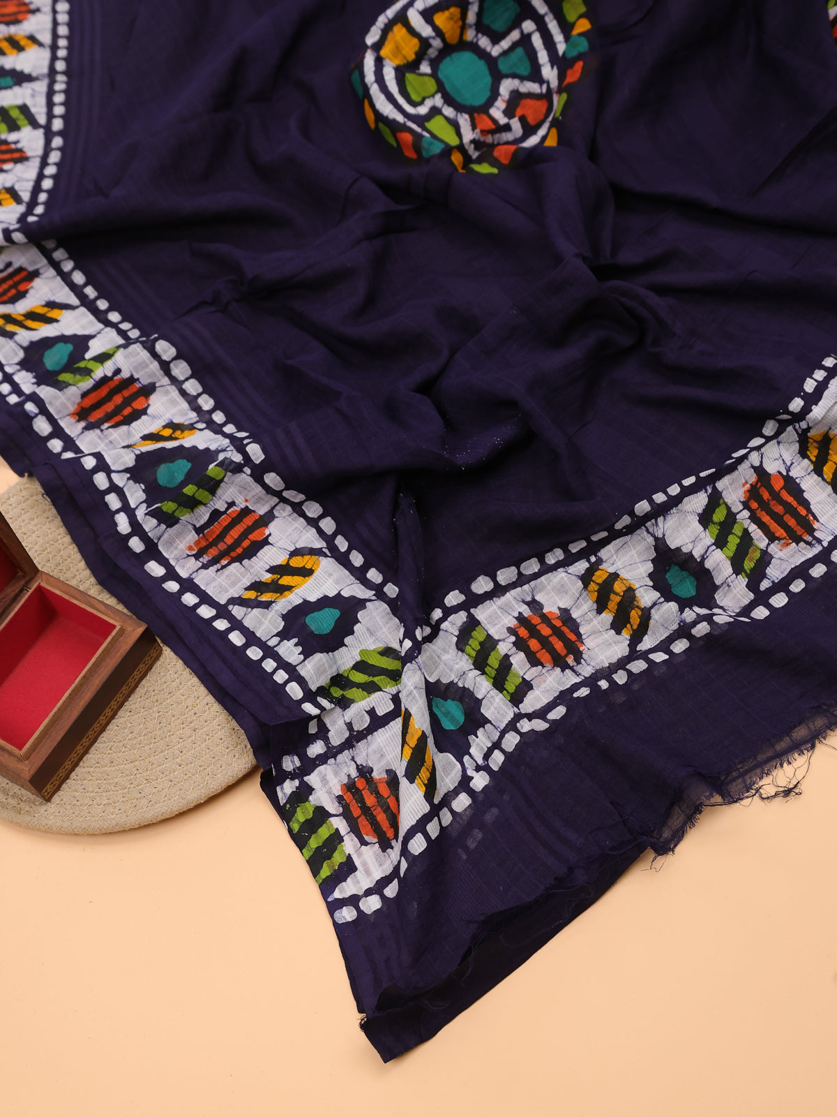 Navy Blue Cotton Dress Material With Batik Prints & Embroidery Work Pattern and Bottom & Dupatta
