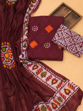 Brown Cotton Dress Material With Batik Prints & Embroidery Work Pattern and Bottom & Dupatta