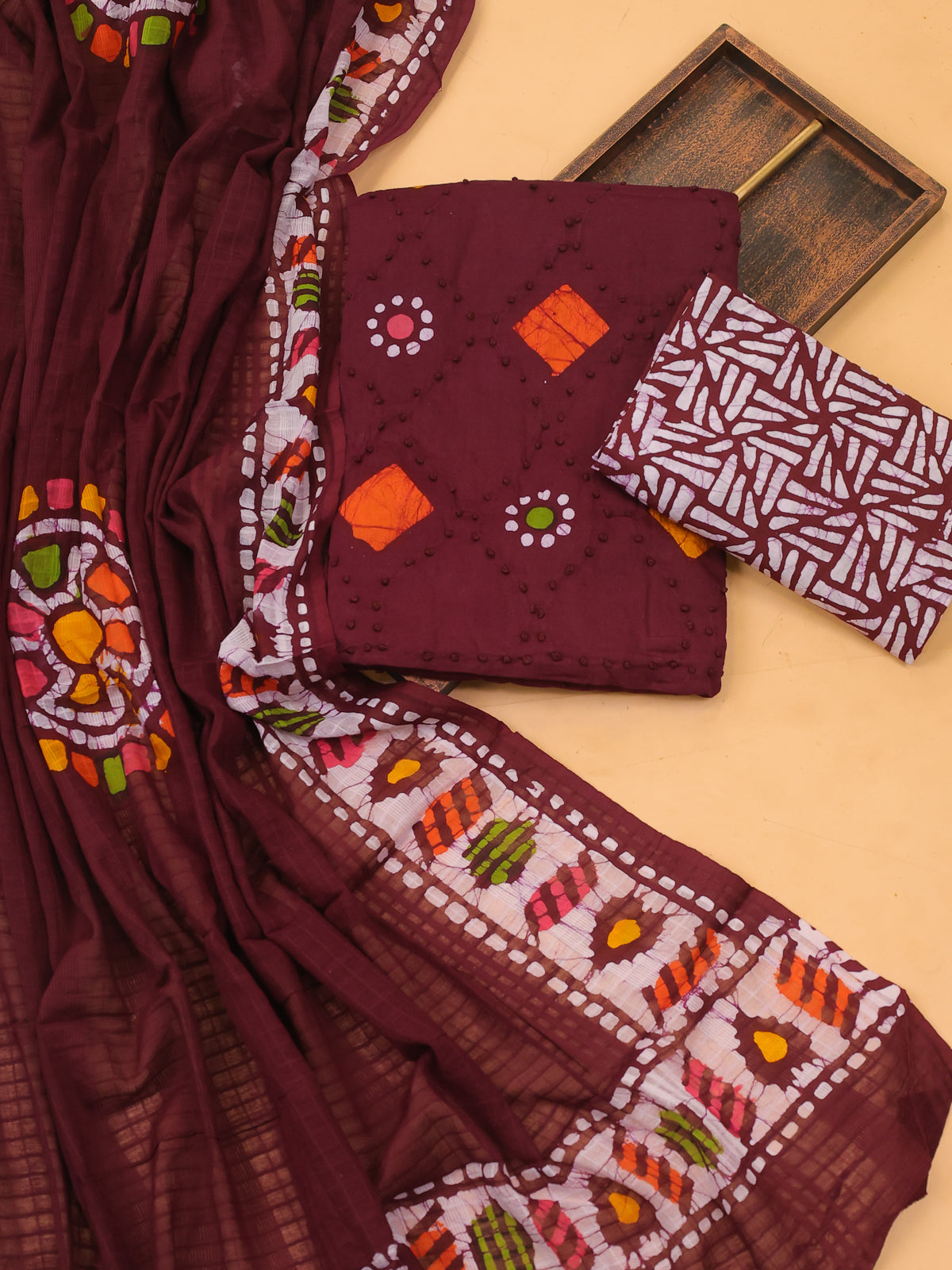 Brown Cotton Dress Material With Batik Prints & Embroidery Work Pattern and Bottom & Dupatta