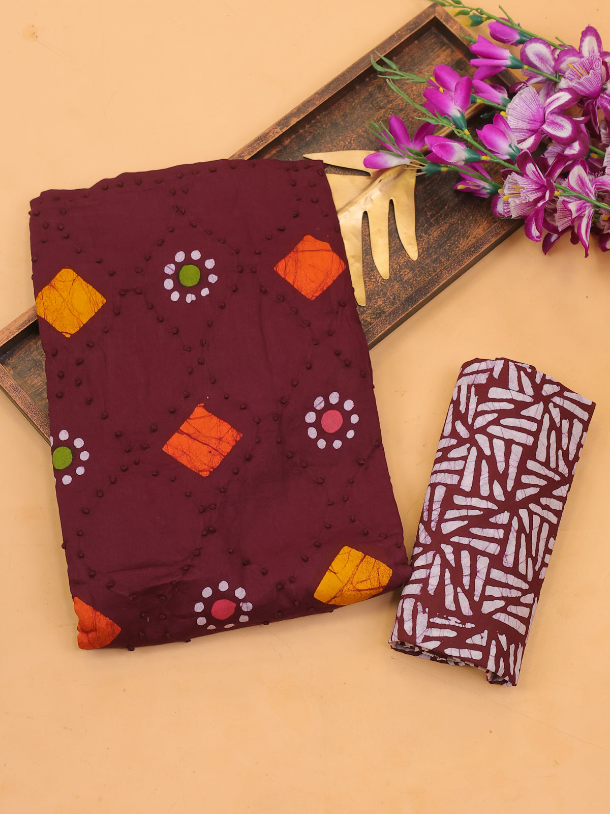 Brown Cotton Dress Material With Batik Prints & Embroidery Work Pattern and Bottom & Dupatta