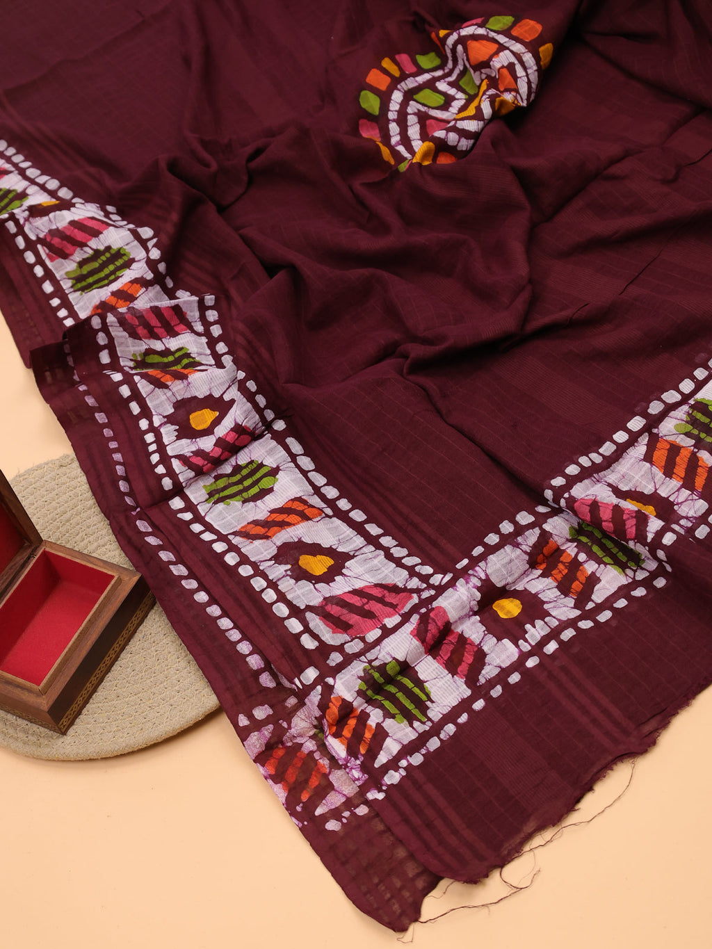 Brown Cotton Dress Material With Batik Prints & Embroidery Work Pattern and Bottom & Dupatta