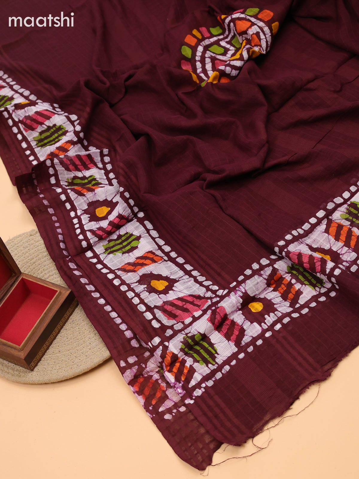 Brown Cotton Dress Material With Batik Prints & Embroidery Work Pattern and Bottom & Dupatta