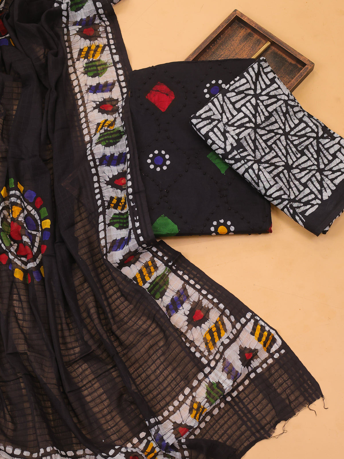 Black Cotton Dress Material With Batik Prints & Embroidery Work Pattern and Bottom & Dupatta