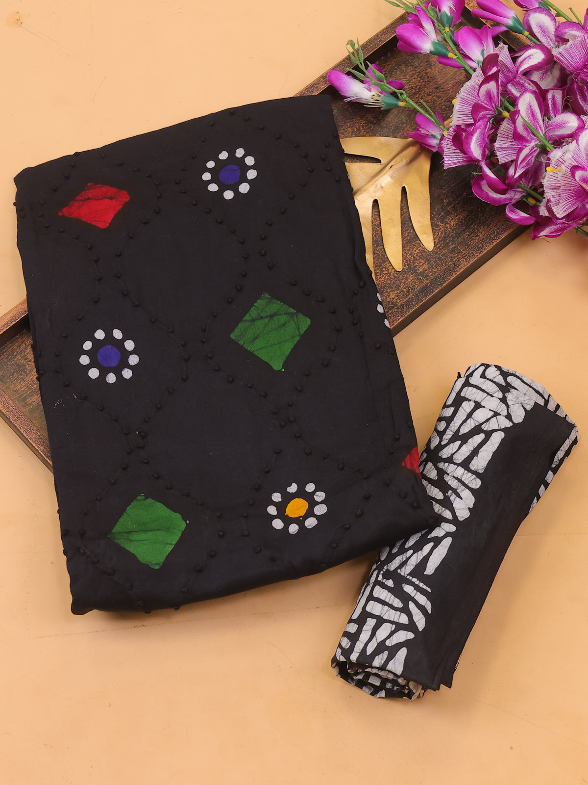 Black Cotton Dress Material With Batik Prints & Embroidery Work Pattern and Bottom & Dupatta