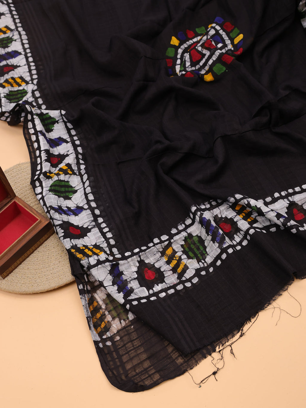 Black Cotton Dress Material With Batik Prints & Embroidery Work Pattern and Bottom & Dupatta