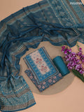 Teal Blue and Beige Linen Cotton Dress Material With Floral Prints & Embroidery Work Neck Pattern and Bottom & Dupatta