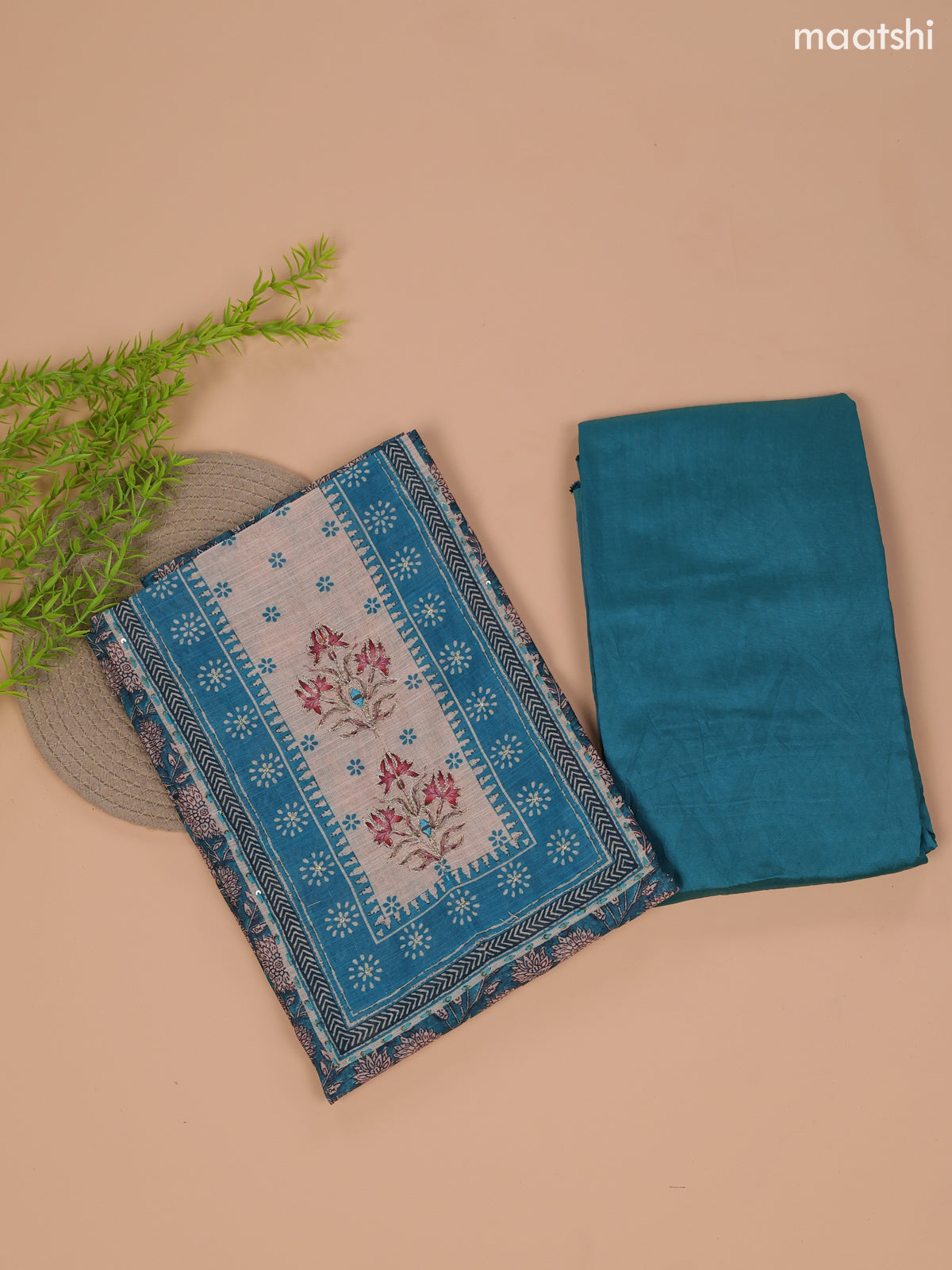 Teal Blue and Beige Linen Cotton Dress Material With Floral Prints & Embroidery Work Neck Pattern and Bottom & Dupatta