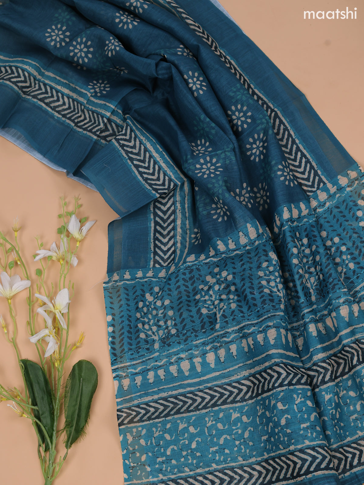 Teal Blue and Beige Linen Cotton Dress Material With Floral Prints & Embroidery Work Neck Pattern and Bottom & Dupatta