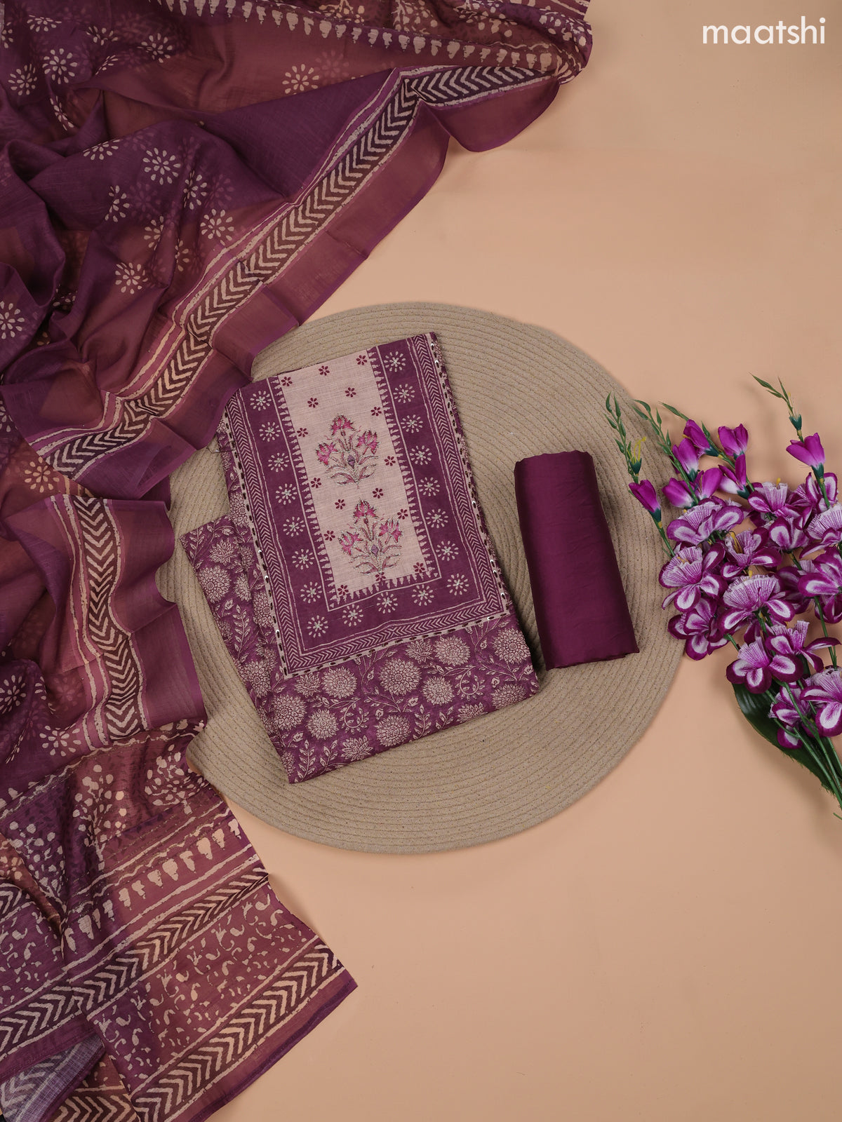 Purple and Beige Linen Cotton Dress Material With Floral Prints & Embroidery Work Neck Pattern and Bottom & Dupatta
