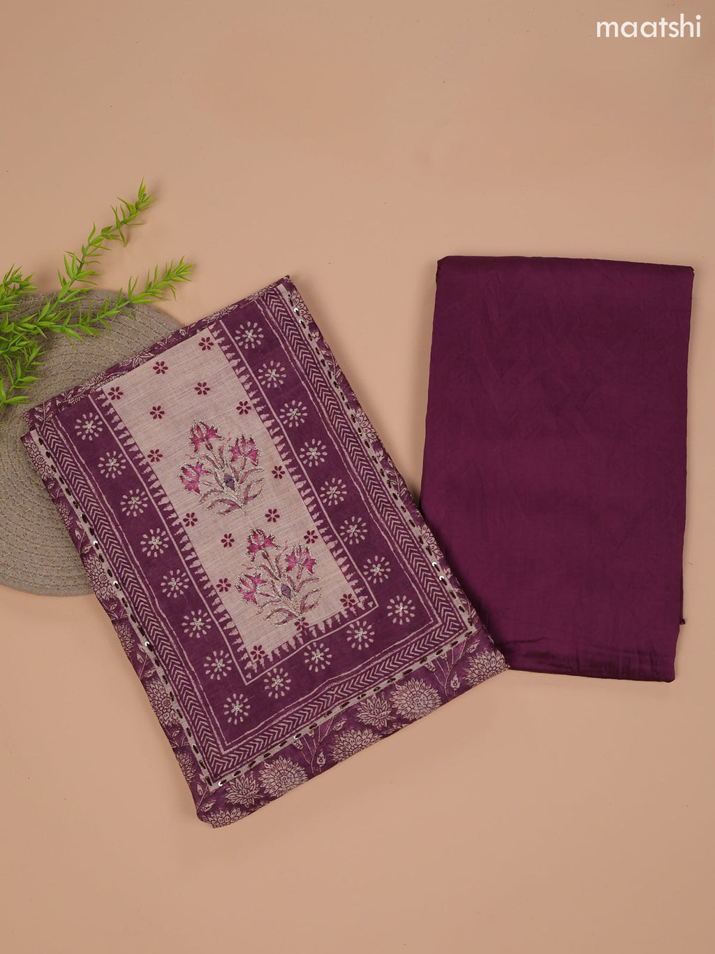 Purple and Beige Linen Cotton Dress Material With Floral Prints & Embroidery Work Neck Pattern and Bottom & Dupatta