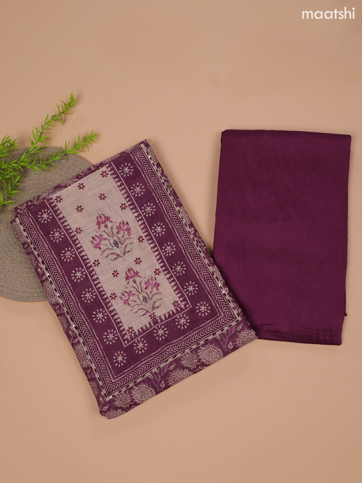 Purple and Beige Linen Cotton Dress Material With Floral Prints & Embroidery Work Neck Pattern and Bottom & Dupatta