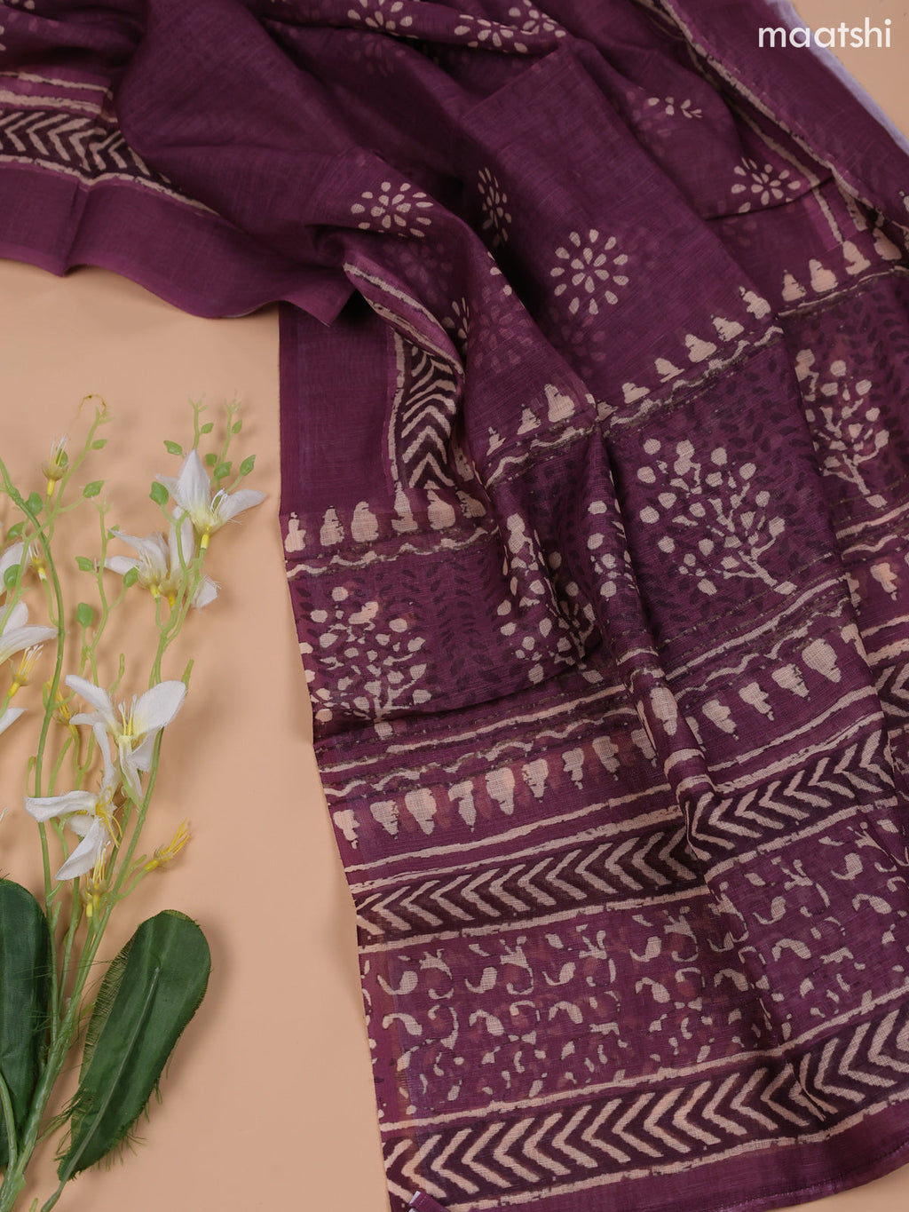 Purple and Beige Linen Cotton Dress Material With Floral Prints & Embroidery Work Neck Pattern and Bottom & Dupatta