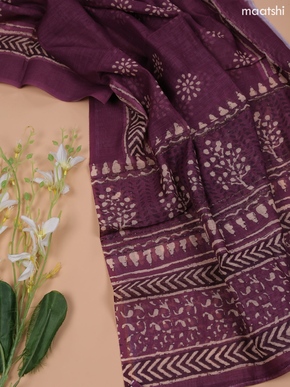 Purple and Beige Linen Cotton Dress Material With Floral Prints & Embroidery Work Neck Pattern and Bottom & Dupatta