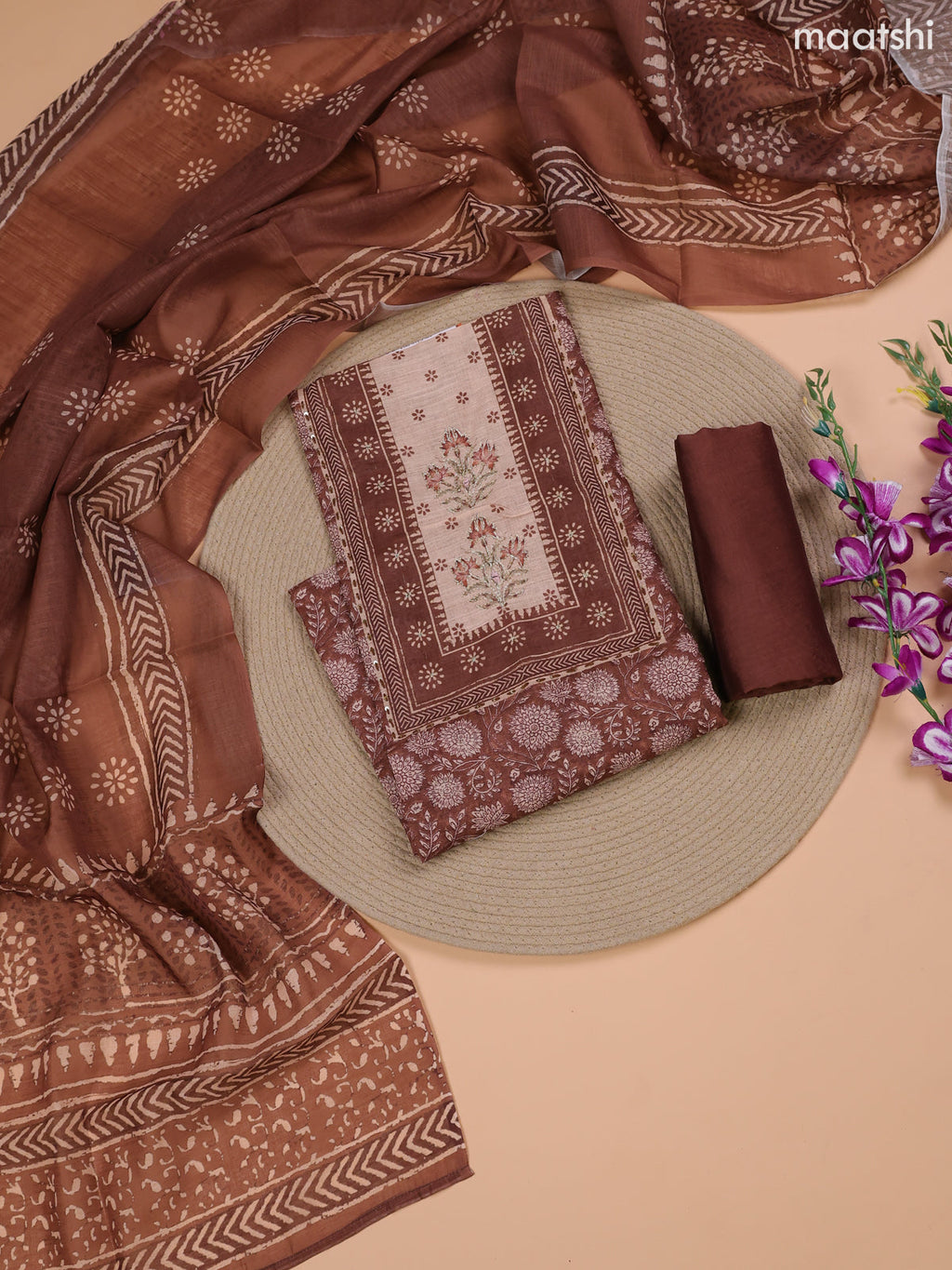 Brown and Beige Linen Cotton Dress Material With Floral Prints & Embroidery Work Neck Pattern and Bottom & Dupatta