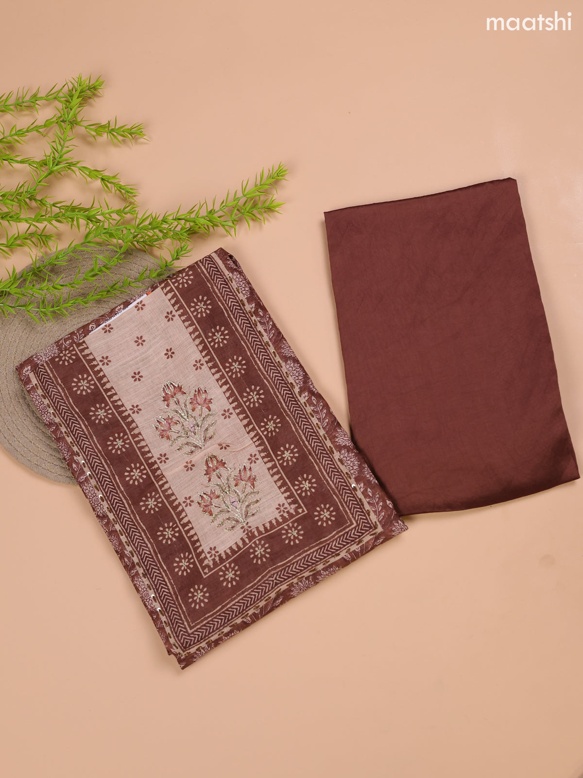Brown and Beige Linen Cotton Dress Material With Floral Prints & Embroidery Work Neck Pattern and Bottom & Dupatta