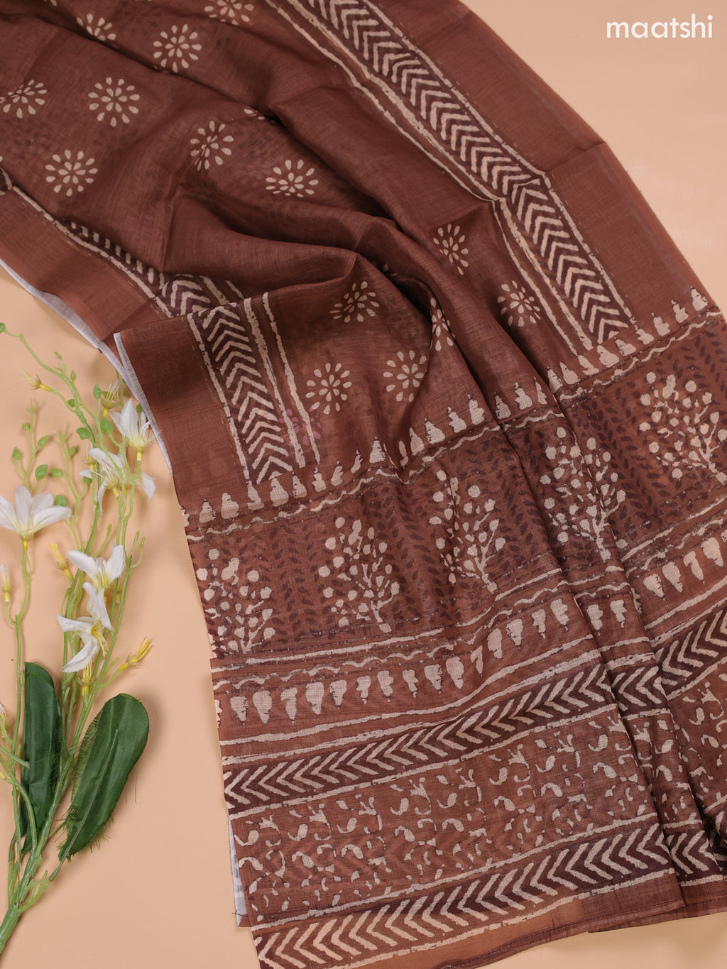 Brown and Beige Linen Cotton Dress Material With Floral Prints & Embroidery Work Neck Pattern and Bottom & Dupatta