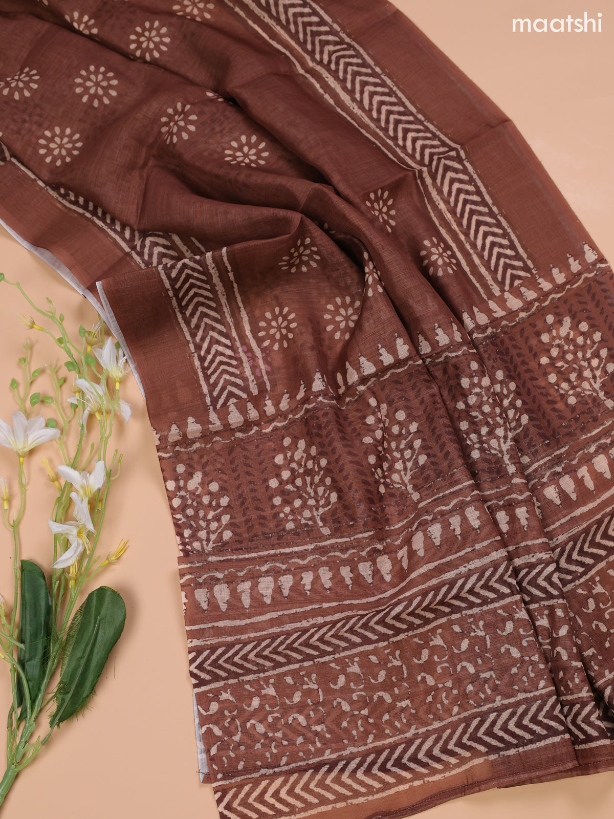 Brown and Beige Linen Cotton Dress Material With Floral Prints & Embroidery Work Neck Pattern and Bottom & Dupatta
