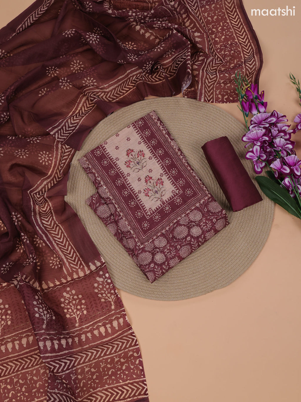 Pastel Maroon and Beige Linen Cotton Dress Material With Floral Prints & Embroidery Work Neck Pattern and Bottom & Dupatta