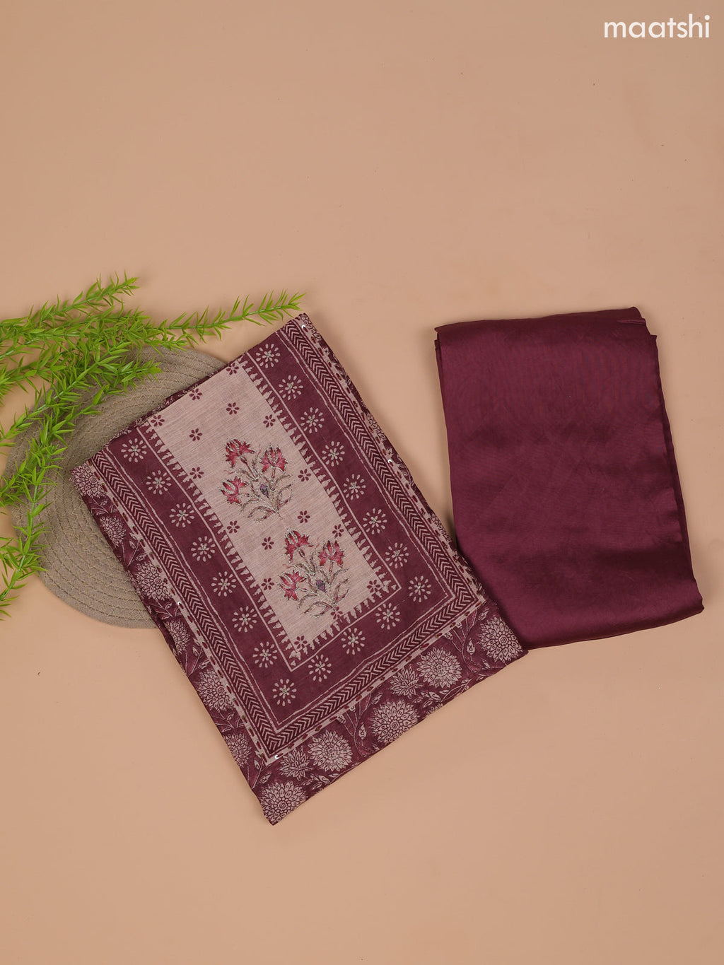 Pastel Maroon and Beige Linen Cotton Dress Material With Floral Prints & Embroidery Work Neck Pattern and Bottom & Dupatta