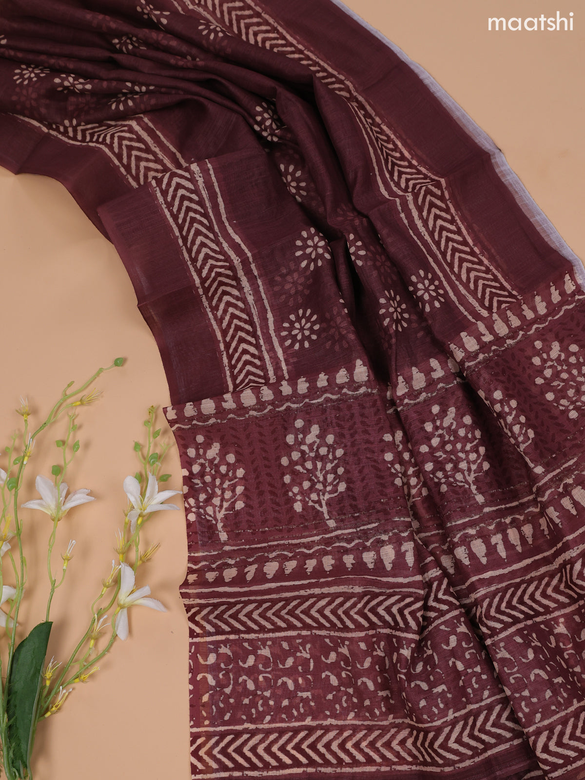 Pastel Maroon and Beige Linen Cotton Dress Material With Floral Prints & Embroidery Work Neck Pattern and Bottom & Dupatta
