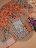 Orange and Off White Linen Cotton Dress Material With Floral Prints & Embroidery Work Neck Pattern and Bottom & Dupatta