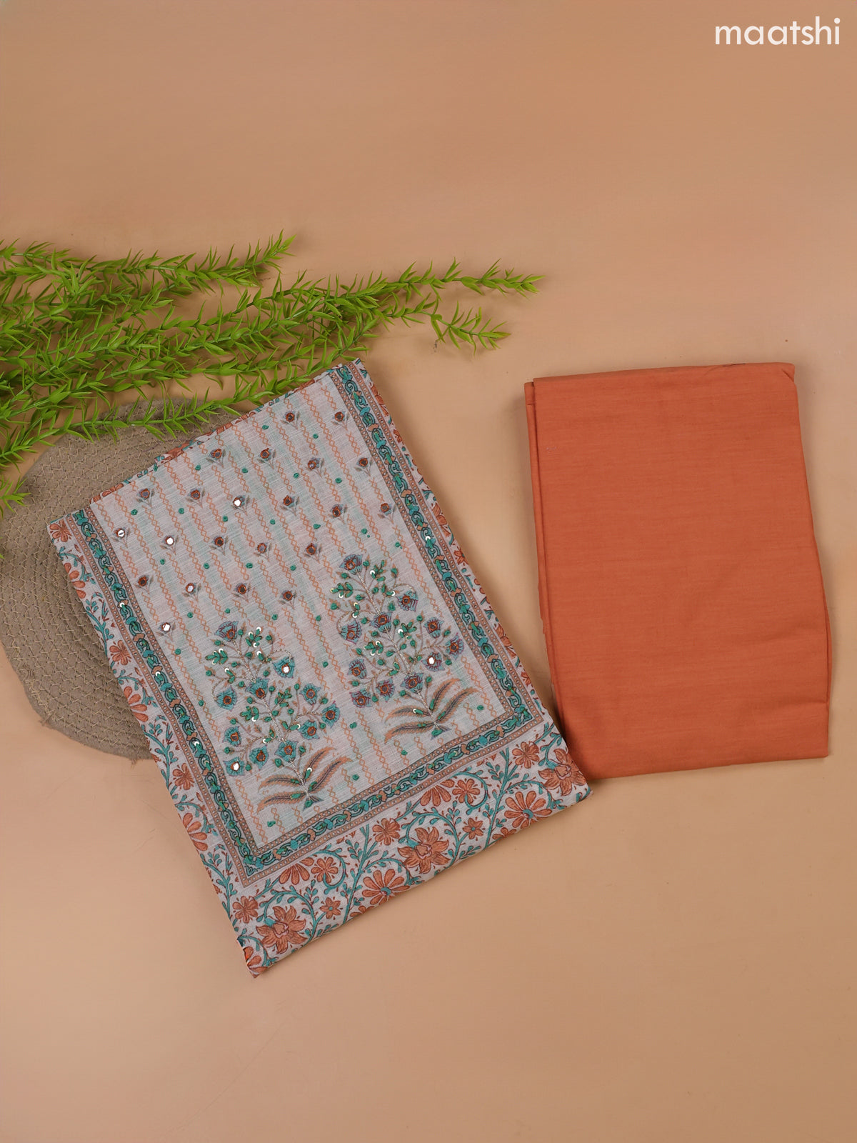Orange and Off White Linen Cotton Dress Material With Floral Prints & Embroidery Work Neck Pattern and Bottom & Dupatta