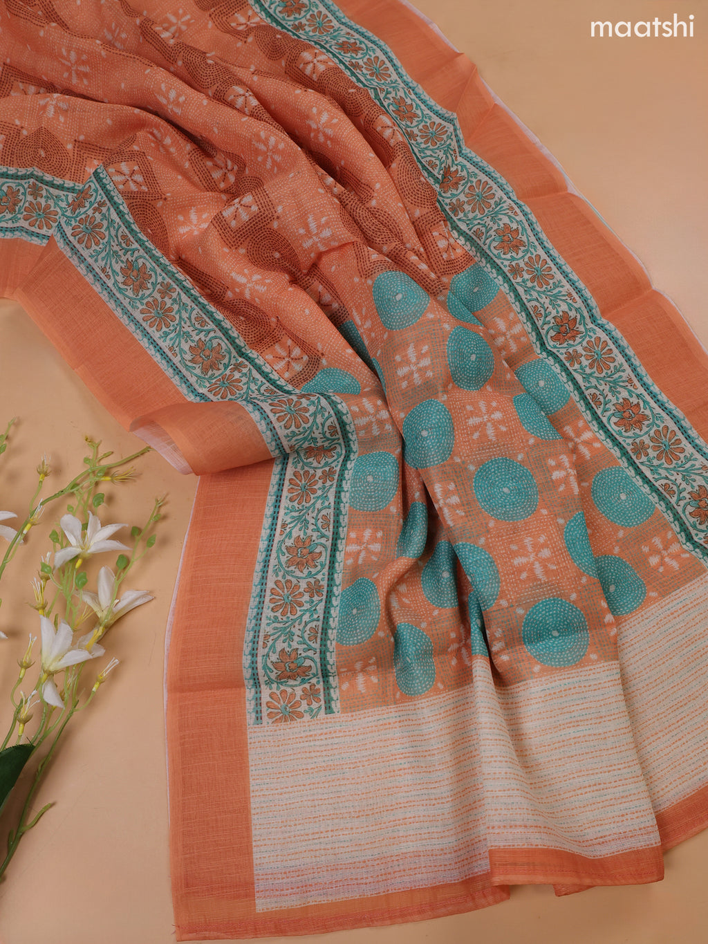 Orange and Off White Linen Cotton Dress Material With Floral Prints & Embroidery Work Neck Pattern and Bottom & Dupatta