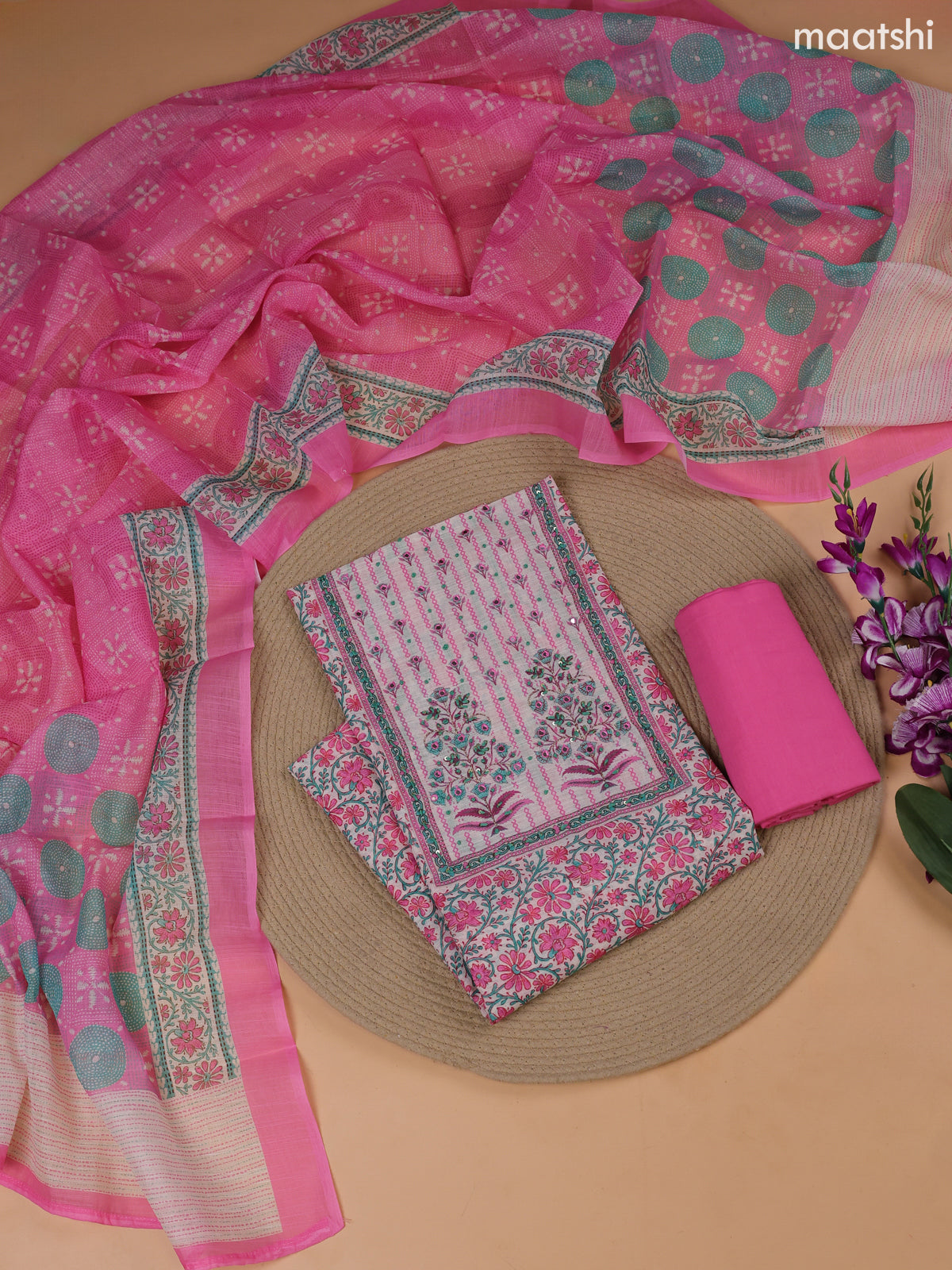 Pink and Off White Linen Cotton Dress Material With Floral Prints & Embroidery Work Neck Pattern and Bottom & Dupatta