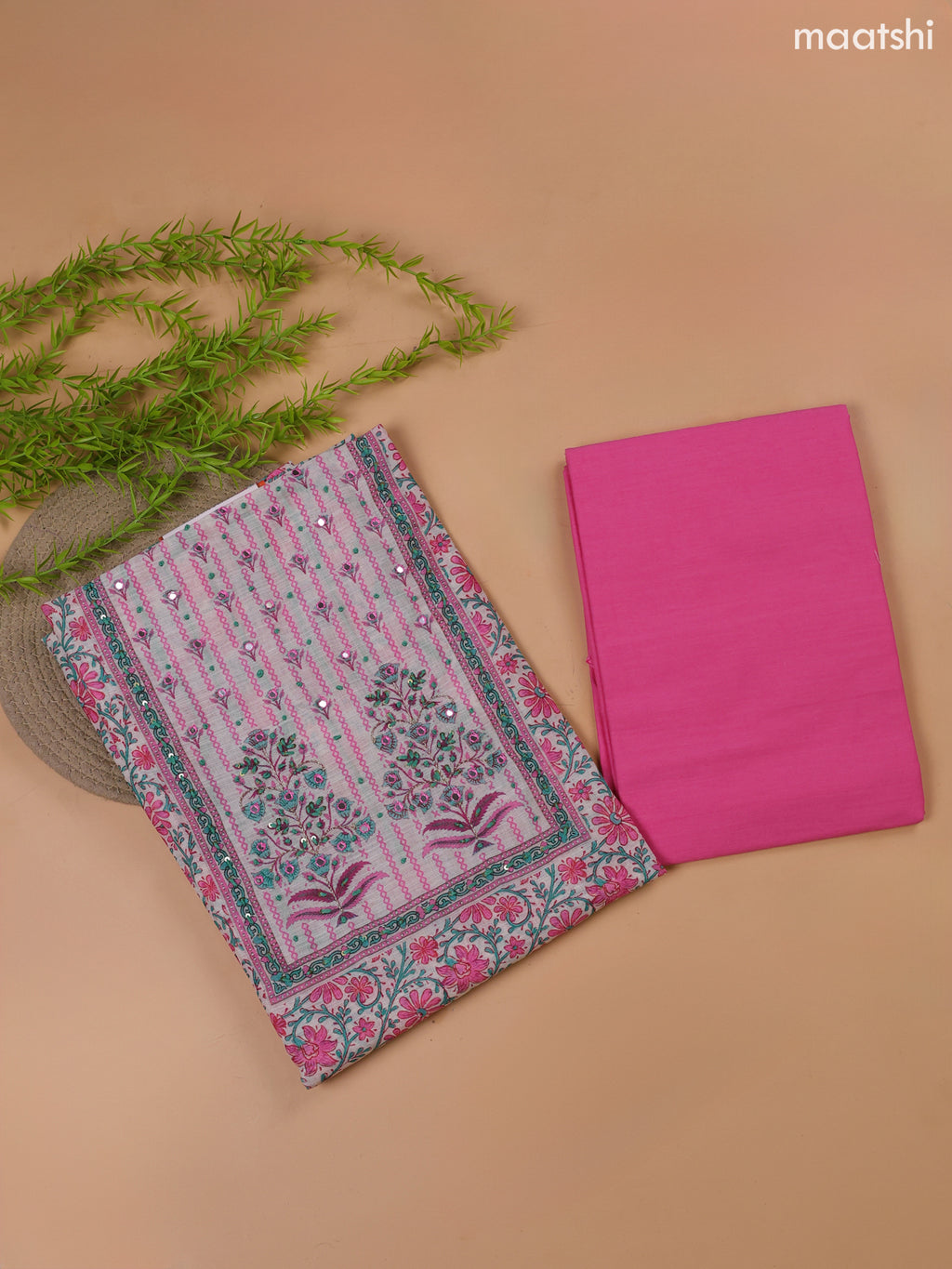 Pink and Off White Linen Cotton Dress Material With Floral Prints & Embroidery Work Neck Pattern and Bottom & Dupatta