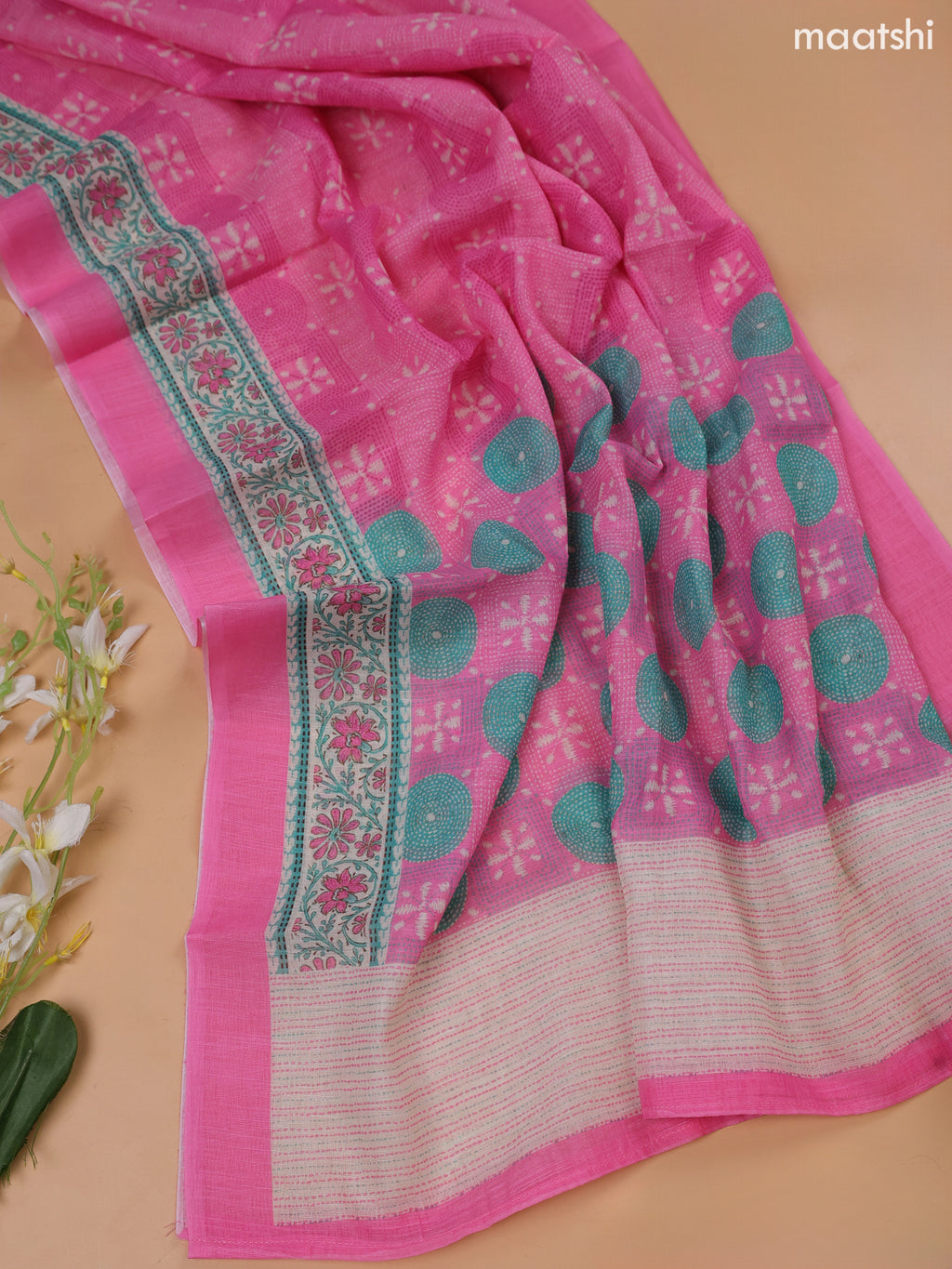 Pink and Off White Linen Cotton Dress Material With Floral Prints & Embroidery Work Neck Pattern and Bottom & Dupatta