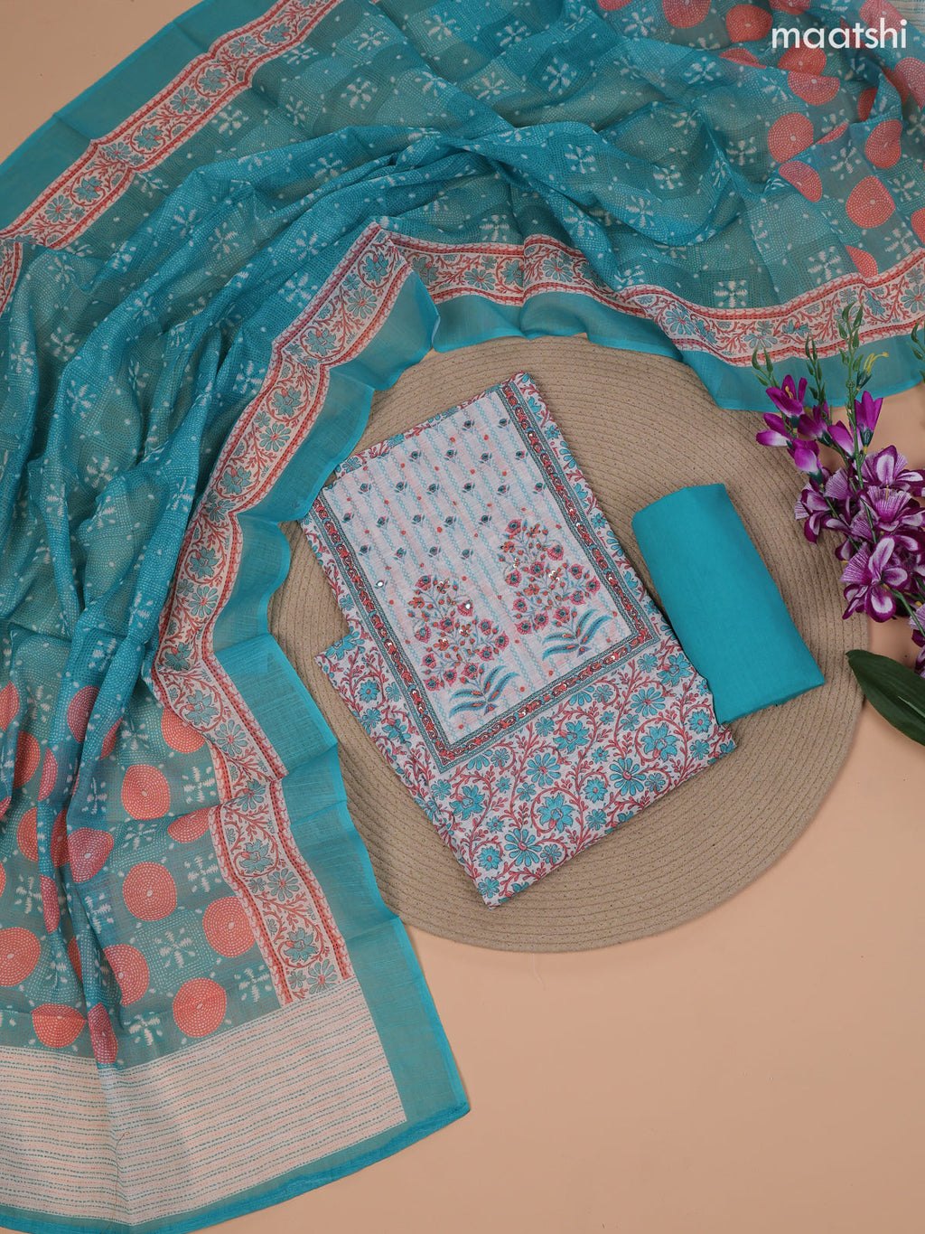 Teal Blue and Off White Linen Cotton Dress Material With Floral Prints & Embroidery Work Neck Pattern and Bottom & Dupatta