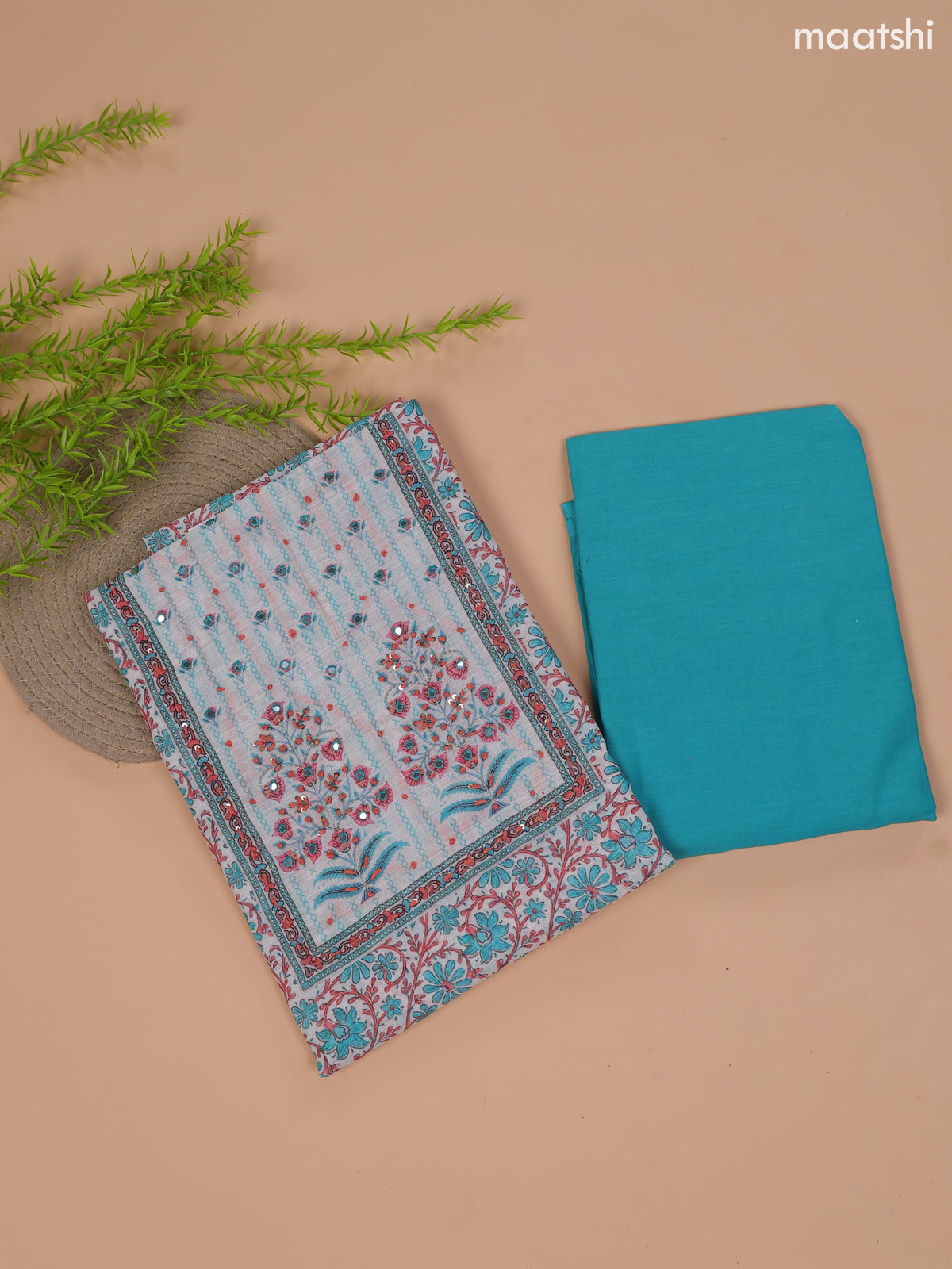 Teal Blue and Off White Linen Cotton Dress Material With Floral Prints & Embroidery Work Neck Pattern and Bottom & Dupatta