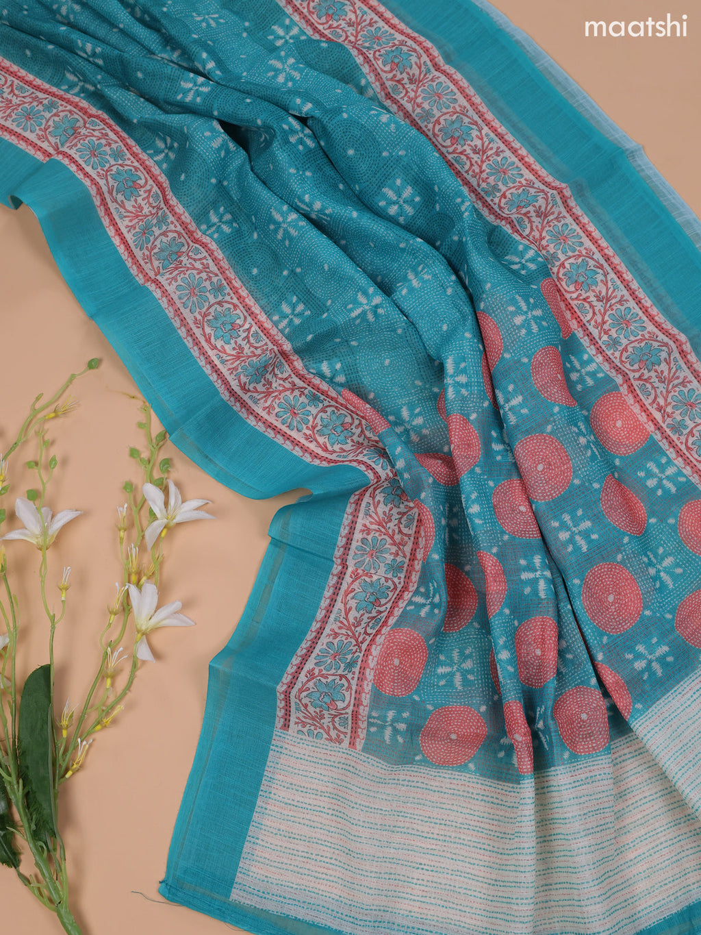 Teal Blue and Off White Linen Cotton Dress Material With Floral Prints & Embroidery Work Neck Pattern and Bottom & Dupatta
