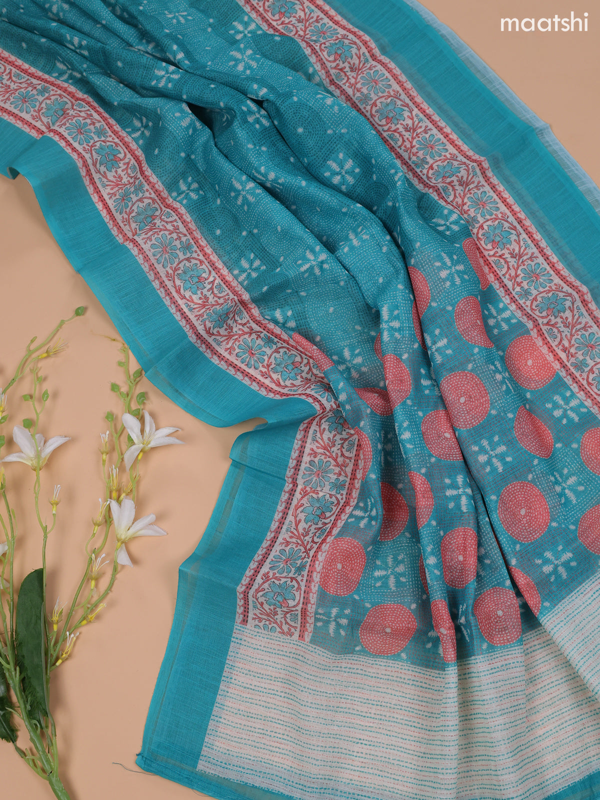 Teal Blue and Off White Linen Cotton Dress Material With Floral Prints & Embroidery Work Neck Pattern and Bottom & Dupatta