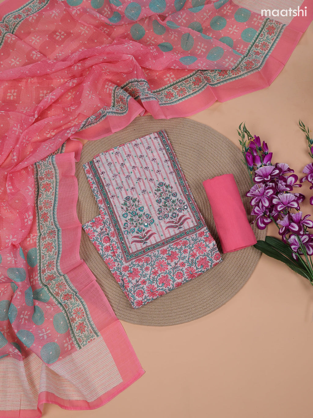Pink and Off White Linen Cotton Dress Material With Floral Prints & Embroidery Work Neck Pattern and Bottom & Dupatta