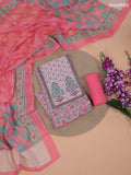 Pink and Off White Linen Cotton Dress Material With Floral Prints & Embroidery Work Neck Pattern and Bottom & Dupatta