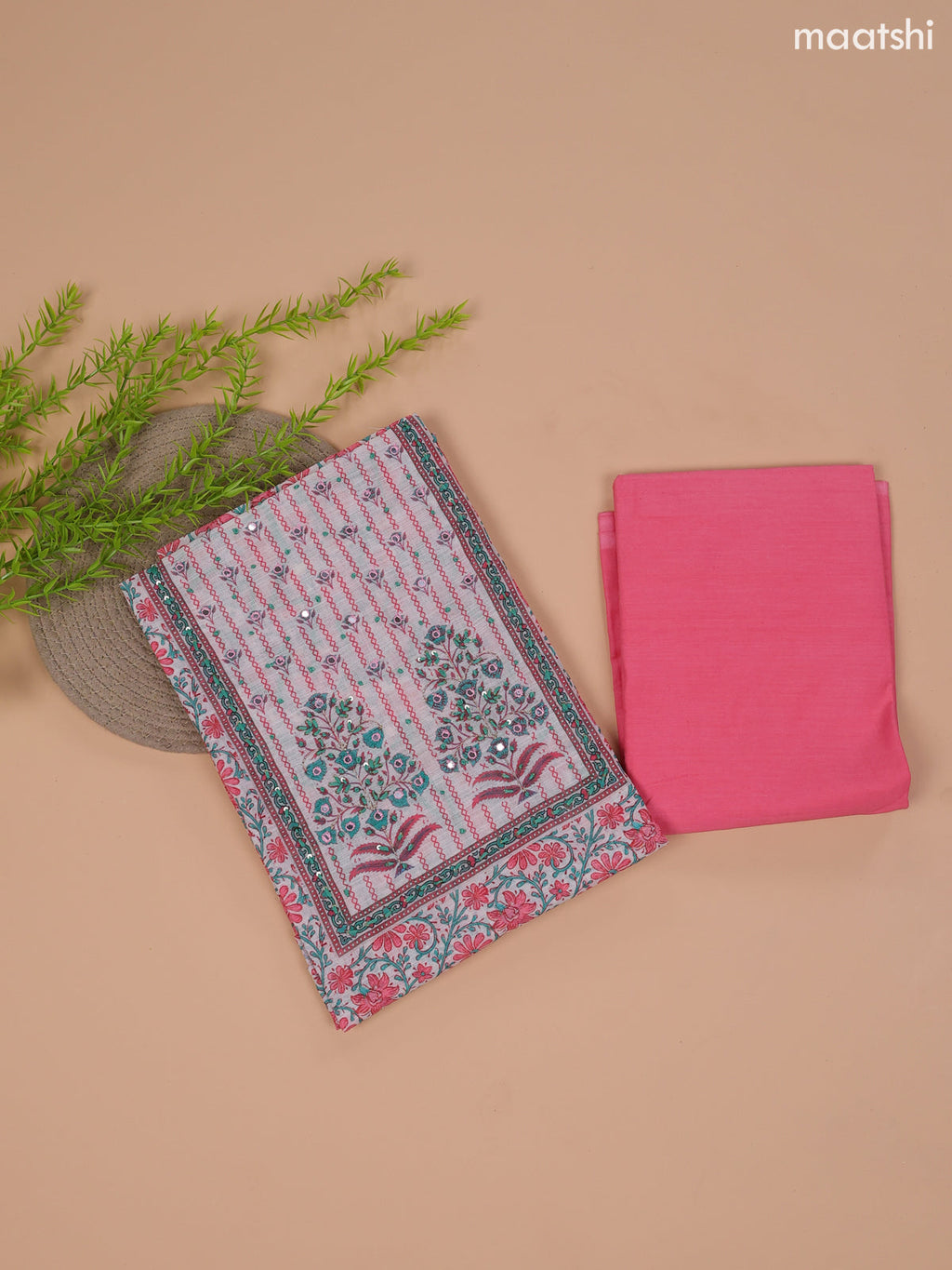 Pink and Off White Linen Cotton Dress Material With Floral Prints & Embroidery Work Neck Pattern and Bottom & Dupatta