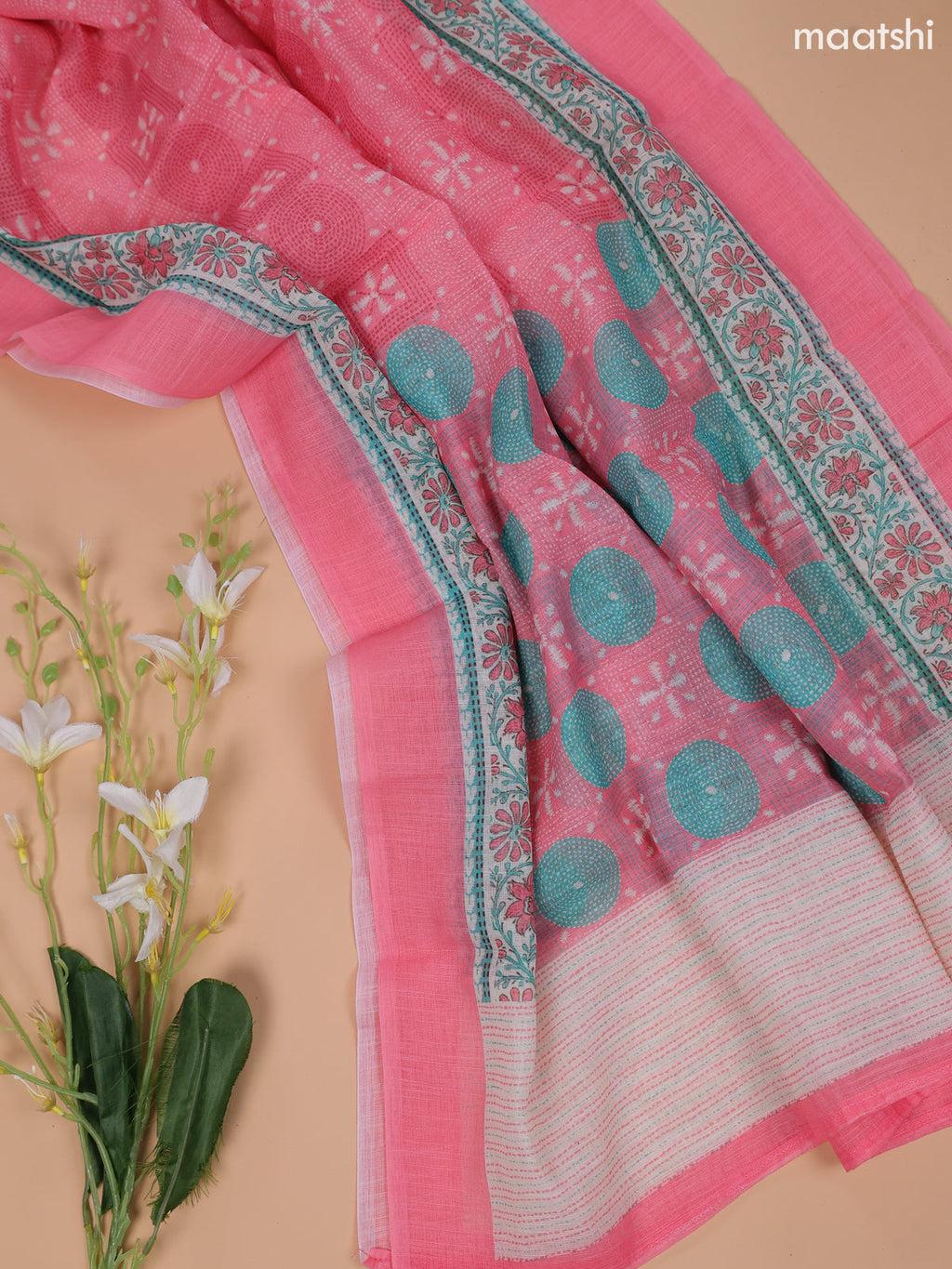 Pink and Off White Linen Cotton Dress Material With Floral Prints & Embroidery Work Neck Pattern and Bottom & Dupatta