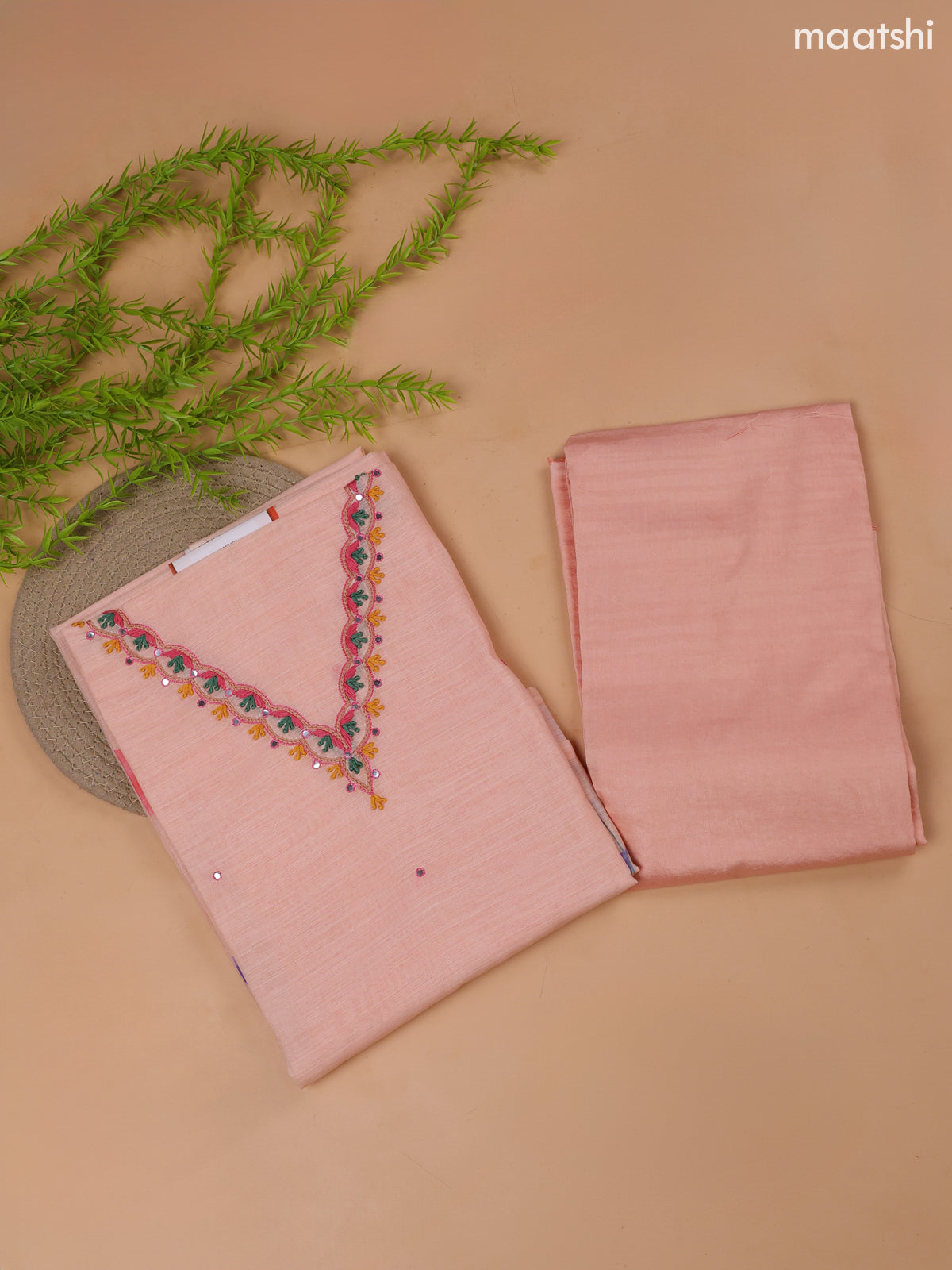 Peach Linen Cotton Dress Material With Floral Prints & Embroidery Work Neck Pattern and Bottom & Dupatta