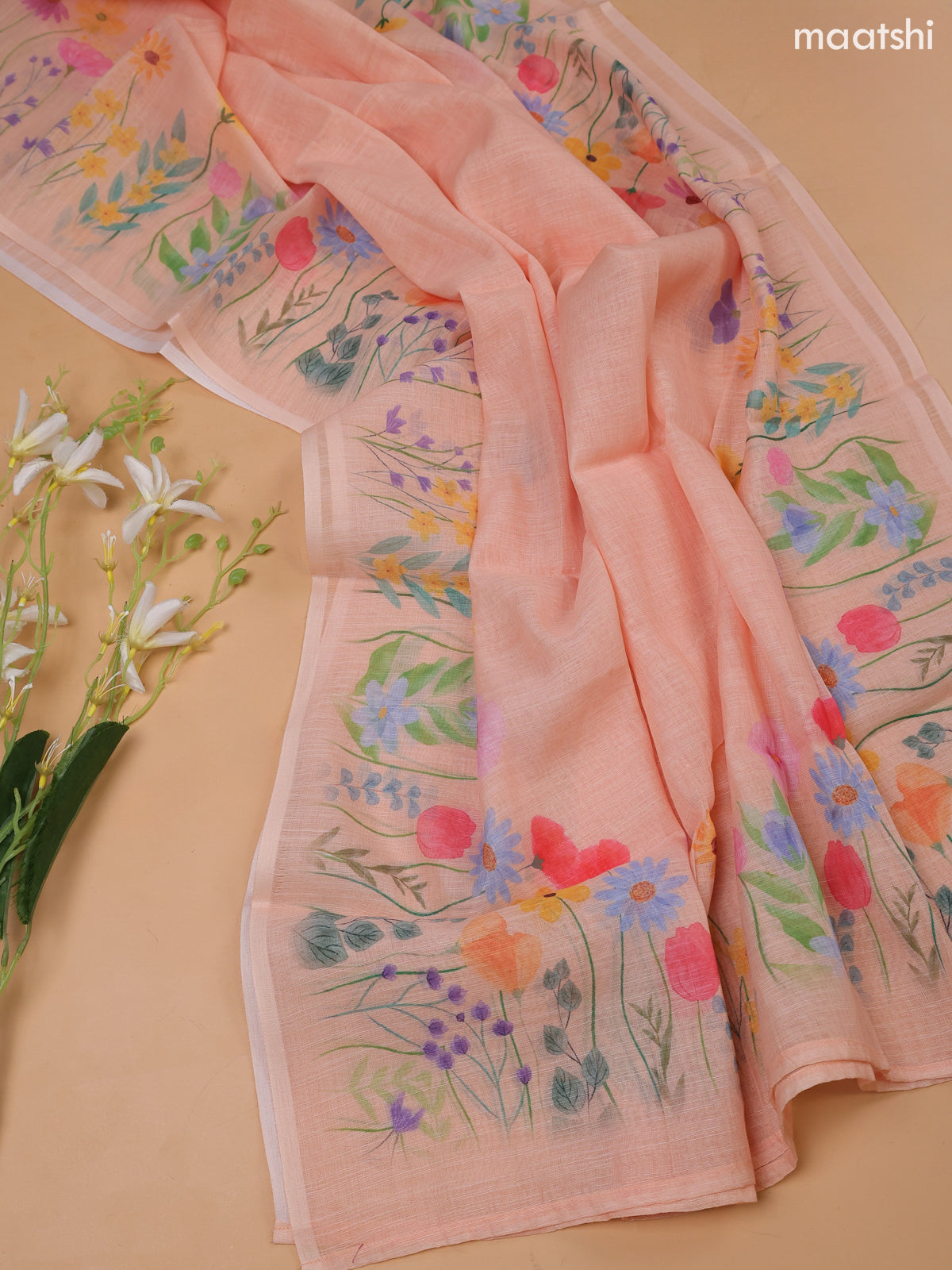 Peach Linen Cotton Dress Material With Floral Prints & Embroidery Work Neck Pattern and Bottom & Dupatta